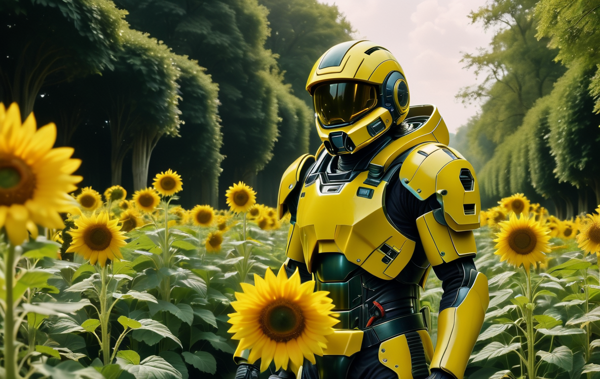 00855- [number]-mhelmet artstyle artstyle in a lush garden, a single sunflower standing tall, its bright yellow petals contrasting with the gree.png